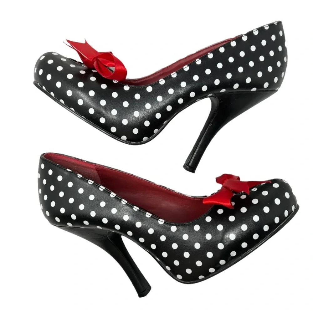 Pinup Couture Cutiepie 06 Heels Size 9 Black Polka Dot Red Bow Heart Cutout Toe - Picture 6 of 11